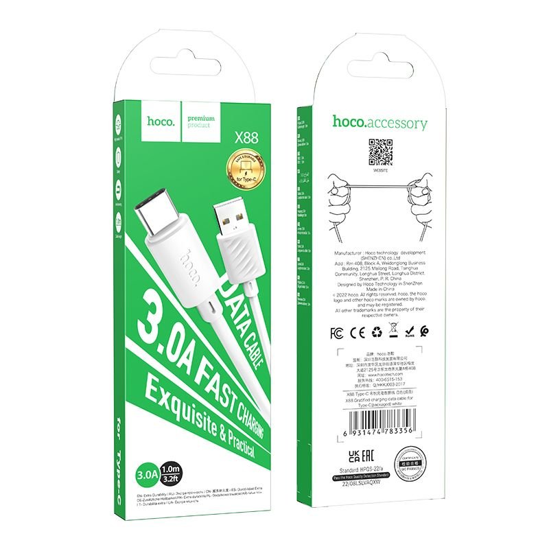 Cable USB A to USB C Hoco 3A 1 m X88 white | Tech A Break