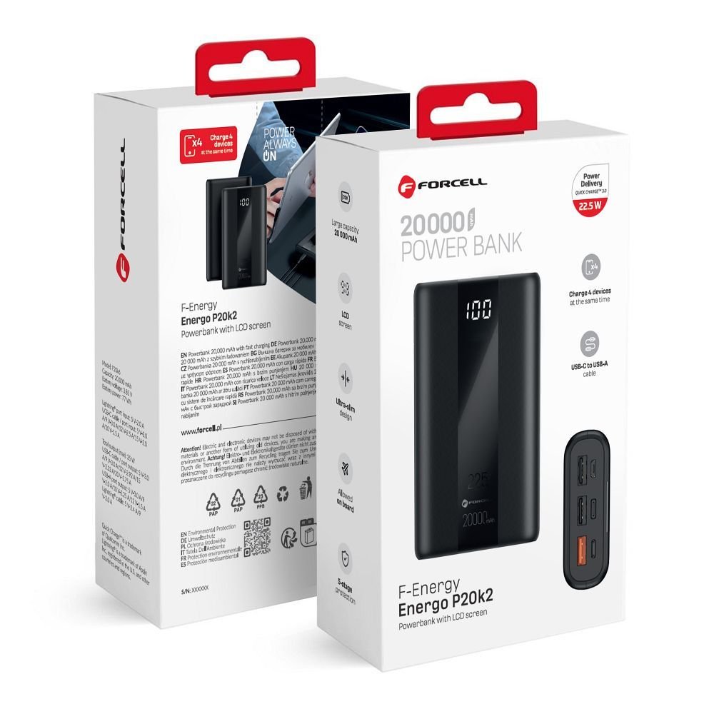 Powerbank Forcell F-Energy Energo P20K2 QC3.0 PD 3A 22,5W 20000 mAh black | Tech A Break