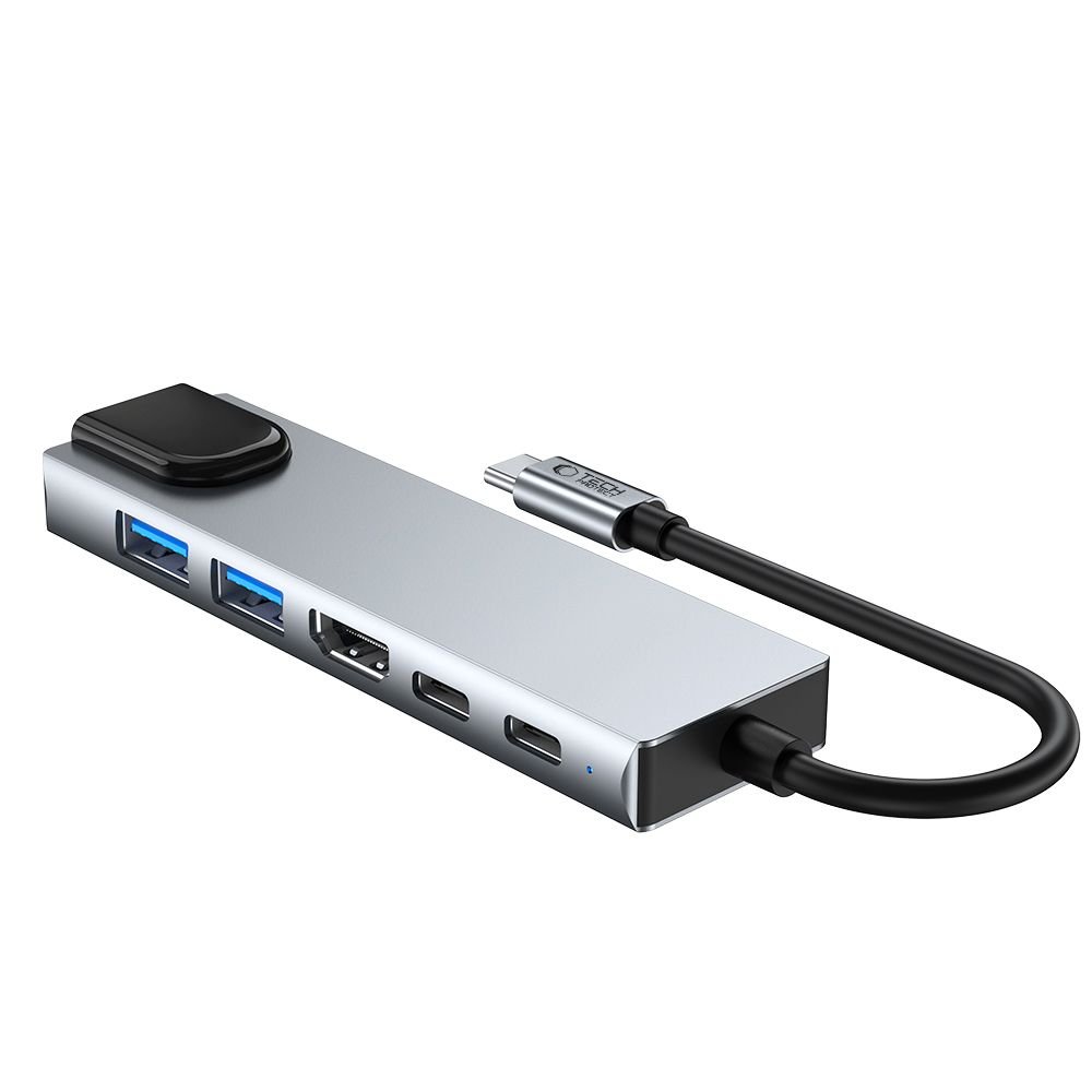 Tech-Protect HB02 HUB Adapter 6in1 USB-C + USB2.0 + USB3.0 + HDMI 4K 30Hz + RJ45 + PD100W - gray - Image 4