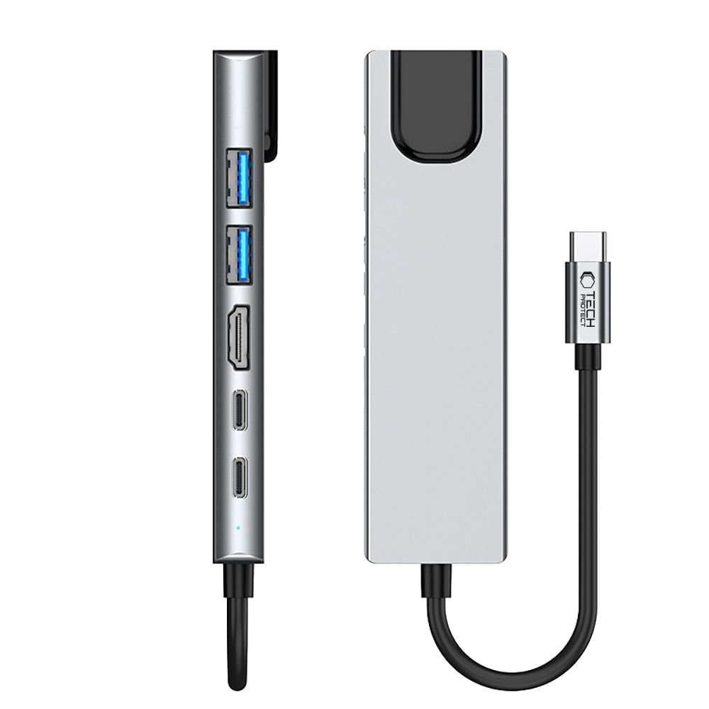 Tech-Protect HB02 HUB Adapter 6in1 USB-C + USB2.0 + USB3.0 + HDMI 4K 30Hz + RJ45 + PD100W - gray - Image 6