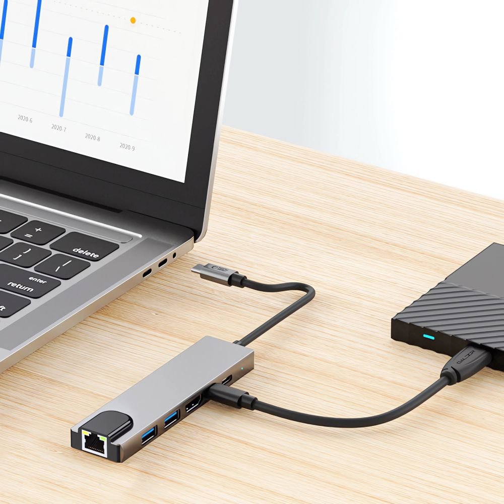 Tech-Protect HB02 HUB Adapter 6in1 USB-C + USB2.0 + USB3.0 + HDMI 4K 30Hz + RJ45 + PD100W - gray - Image 8