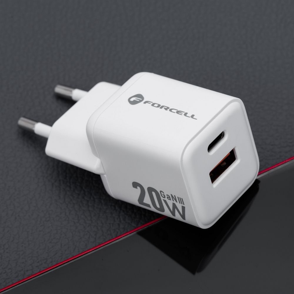 Phone charger Forcell F-Energy Mini GaN III USB C + USB A QC4.0 PD 20W VT-35A white 0INT | Tech A Break
