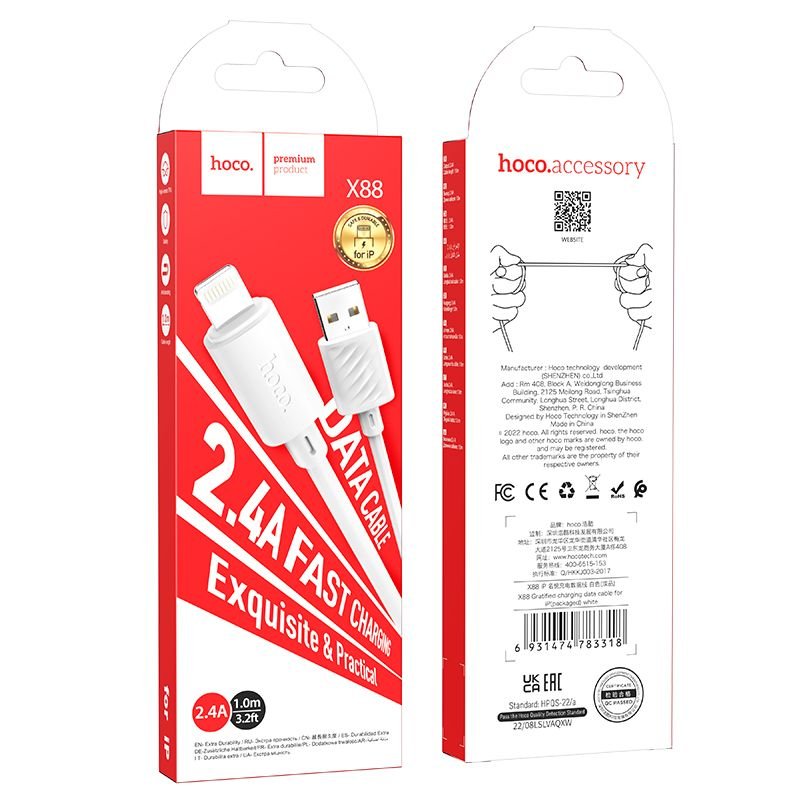Cable USB A to Lightning Hoco 2,4A 1 m X88 white | Tech A Break