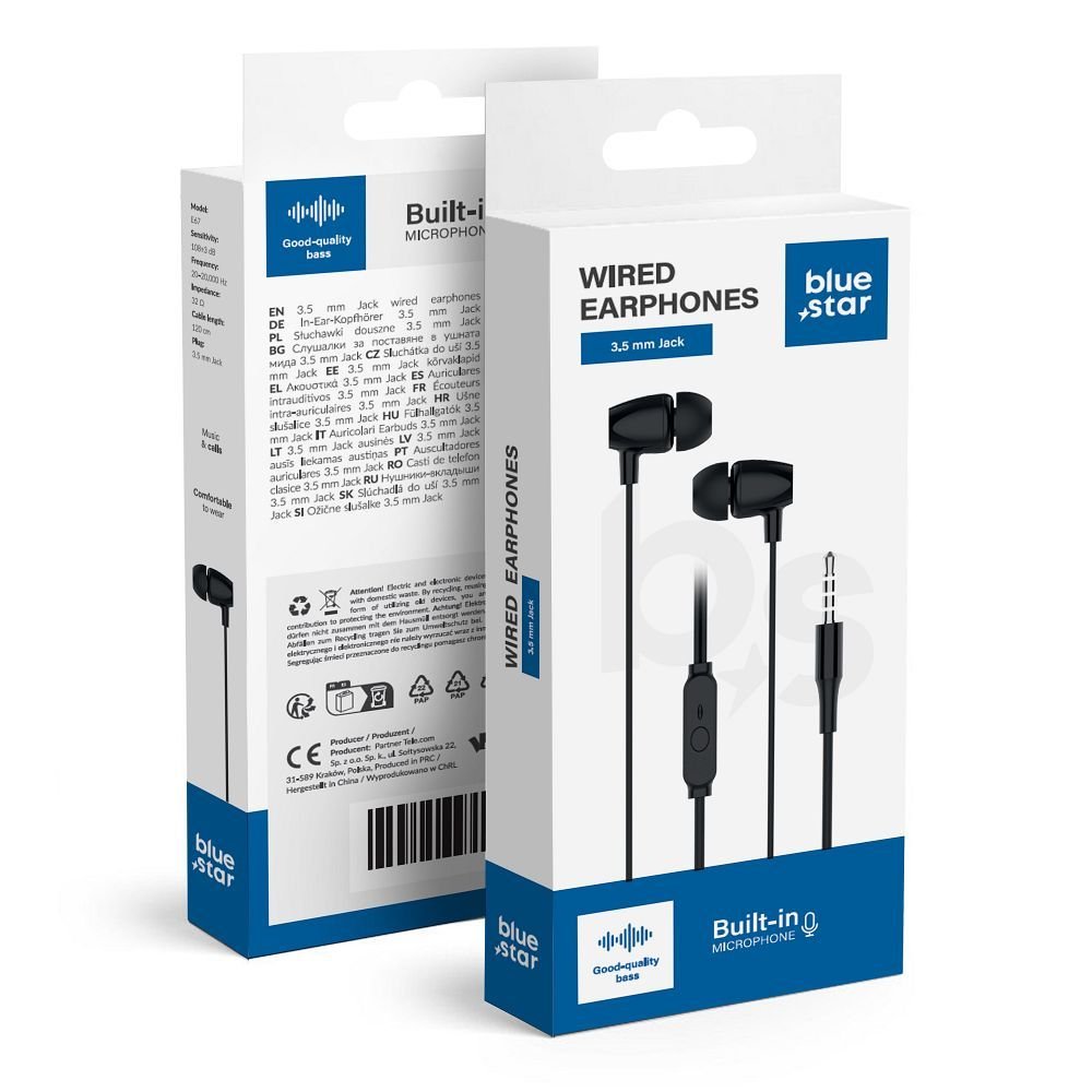 Wire earphones Jack 3,5 mm Blue Star PA-E67 1,2 m black | Tech A Break