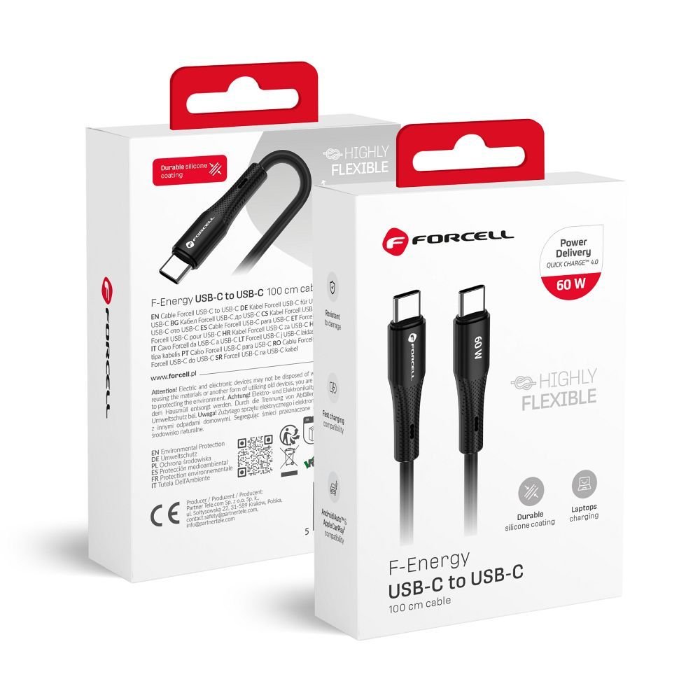Cable USB C to USB C Forcell F-Energy QC4.0 PD 3A 60W Silicone 1 m C344 black | Tech A Break