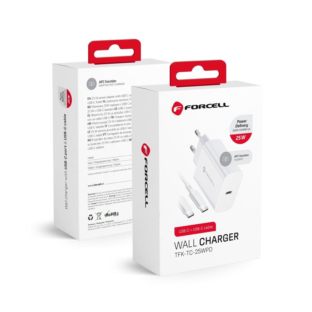 Phone charger Forcell F-Energy USB C QC4.0 PD 3A 25W + cable USB C to USB C TFK-TC-25WPD white | Tech A Break
