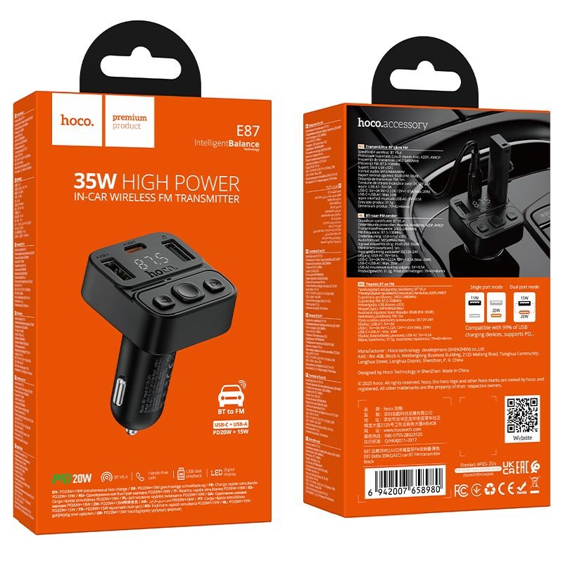 Car transmitter bluetooth Hoco USB A + USB C QC PD 35W E87 black | Tech A Break