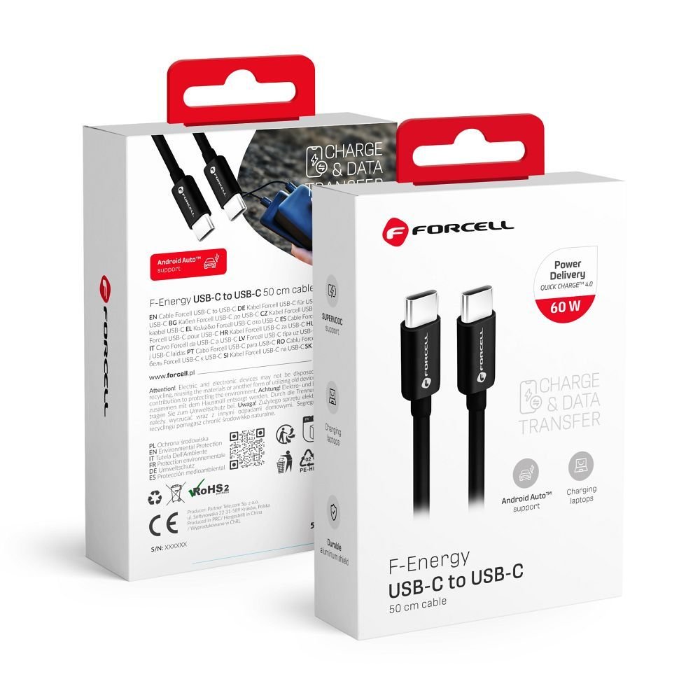 Cable USB C to USB C Forcell F-Energy QC4.0 PD 3A 60W 0,5 m C338 black | Tech A Break