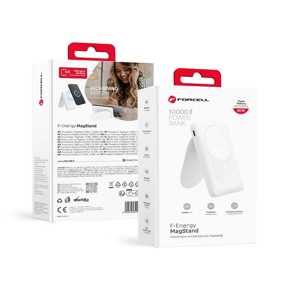 Powerbank compatible with MagSafe Forcell F-Energy MagStand F10K2 QC3.0 PD 5A 20W 10000 mAh white | Tech A Break