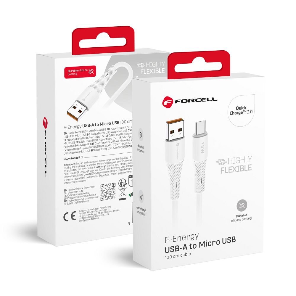 Cable USB A to Micro USB Forcell F-Energy QC3.0 2,4A 18W Silicone 1 m C341 white | Tech A Break