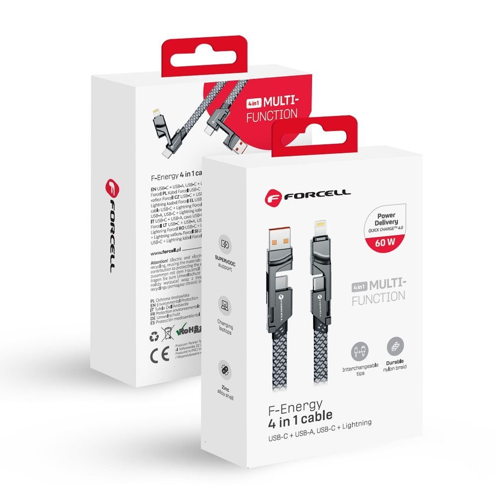 Cable 4 in 1 USB C / USB A to USB C / Lightning Forcell F-Energy QC PD 3A 60W 1 m C241 chrome | Tech A Break