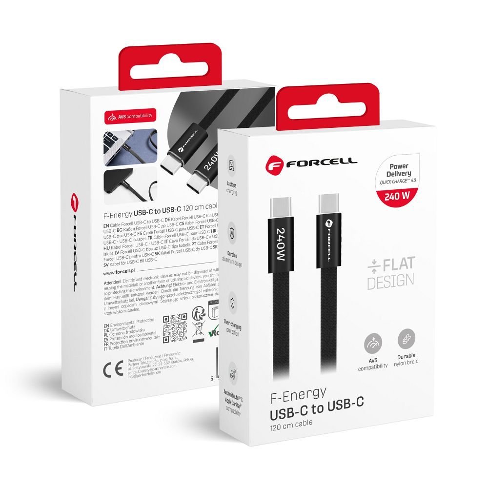 Cable USB C to USB C Forcell F-Energy QC4.0 PD 5A 240W Cafule Flat 1,2 m CCFN23 black | Tech A Break