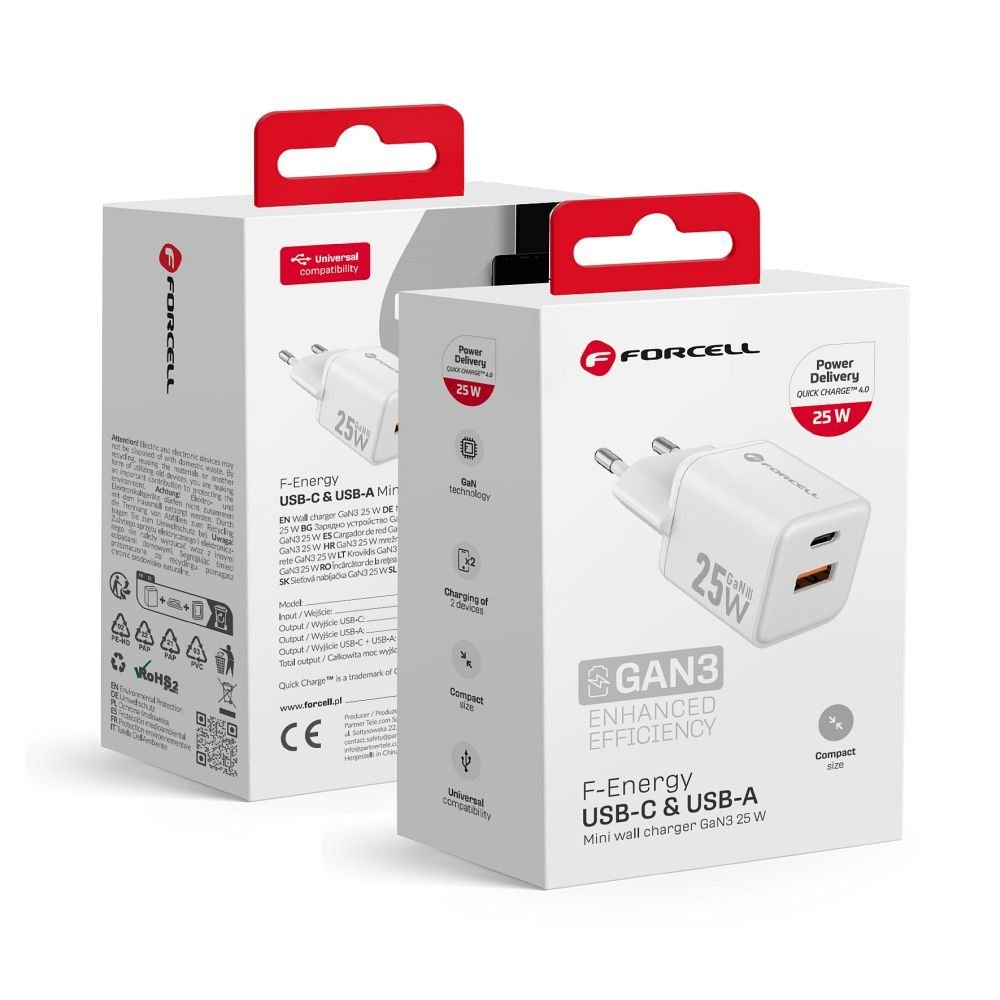 Phone charger Forcell F-Energy Mini GaN III USB C + USB A QC4.0 PD 25W VT-25B white 0INT | Tech A Break