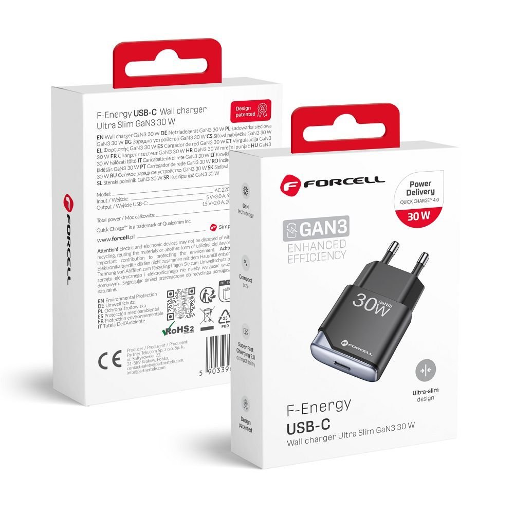 Phone charger Forcell F-Energy Ultra Slim GaN III USB C PD QC4.0 3A 30W B130101-E black | Tech A Break
