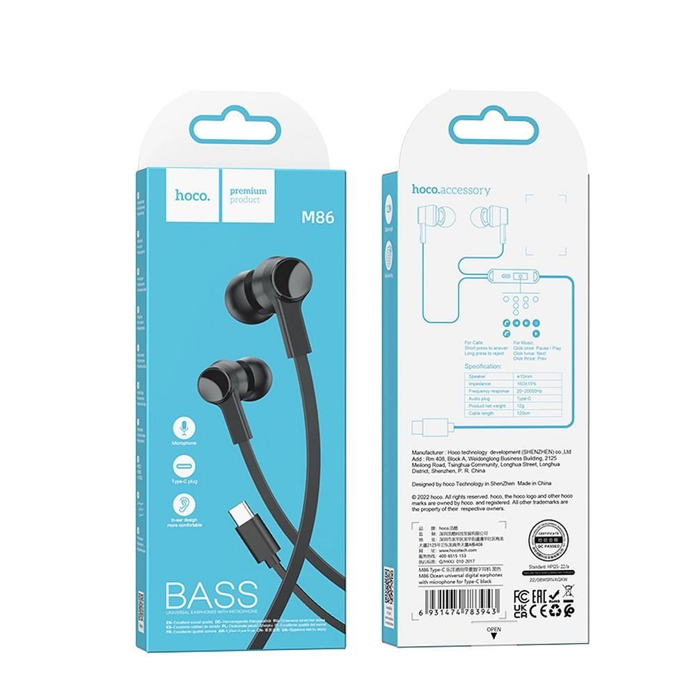 Wire earphones USB C Hoco M86 black | Tech A Break