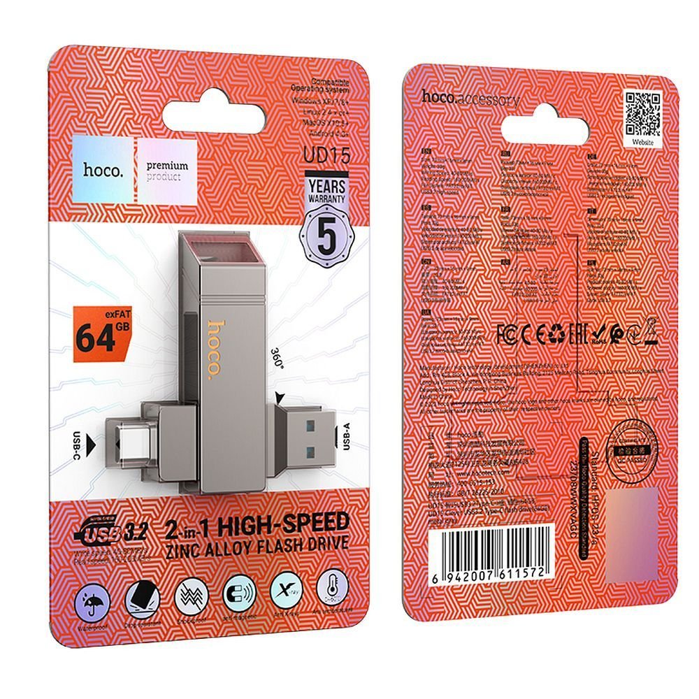 Pendrive 64GB USB 3.2 (USB A + USB C) Hoco UD15 gray | Tech A Break