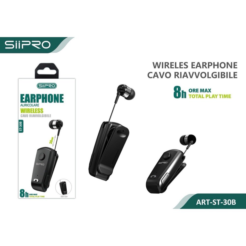 Siipro Wireless Retractable Earphones Bluetooth Black (ST-30B)