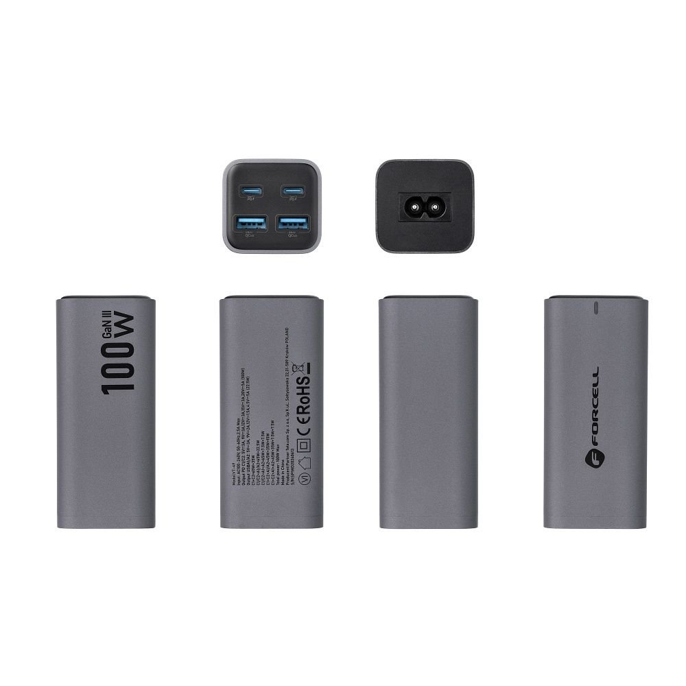 Desktop charger Forcell F-Energy GaN III 2 x USB C + 2 x USB A QC4.0 PD 5A 100W VT-49 gray - Image 7