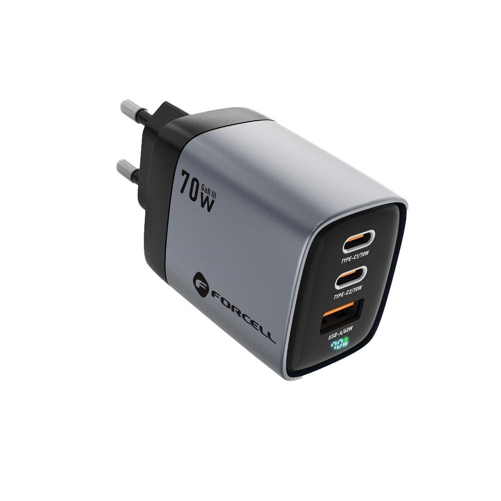 Phone charger Forcell F-Energy GaN III 2 x USB C + USB A QC4.0 3,45A PD 70W SAM SFC2.0 with display LCD VT-37 gray - Image 2