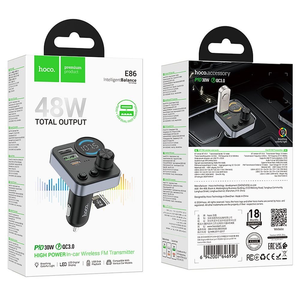 Car transmitter bluetooth Hoco 2 x USB A + USB C QC3.0 PD 48W E86 black - Image 9
